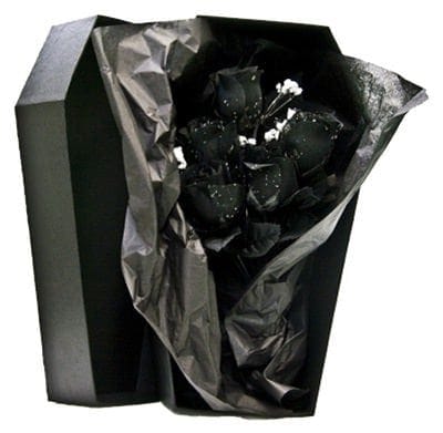 One Dozen Black Immortal Silk Roses in a Beautiful Black Coffin Box