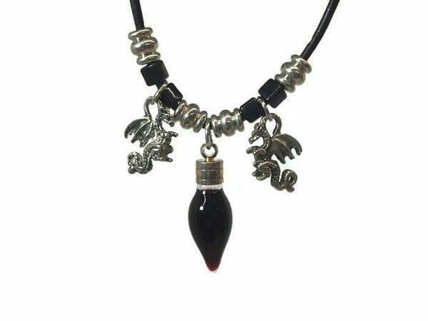 Blood Vial Tear Drop With Dragons Necklace