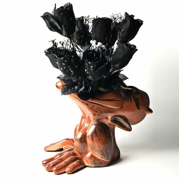 Demon Vase with Dozen Black Silk Roses