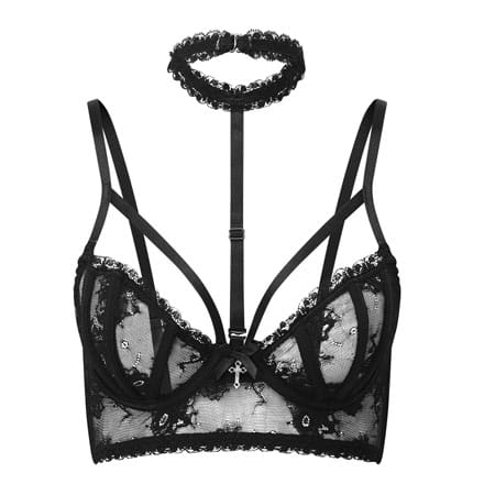 This is the black lace Bloodbath bra. Lace accents and strappy embellishments finish off with a delicate choker.