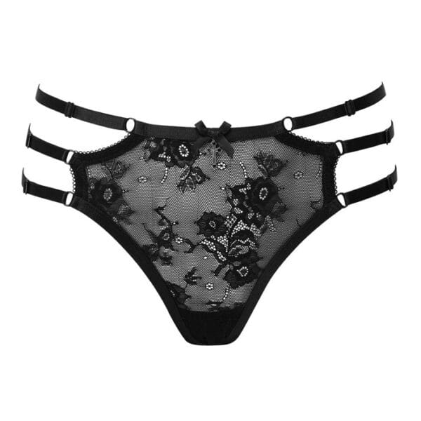 Black delicate lace panties with 3 adjustable side straps.