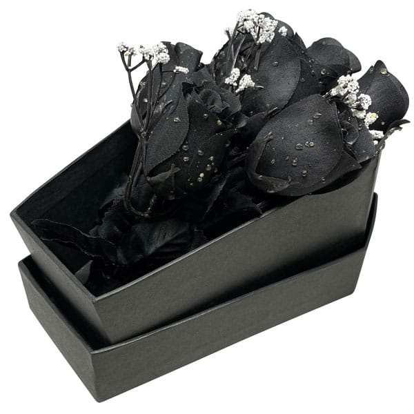 Dozen Black Roses in 8" Black Coffin Box