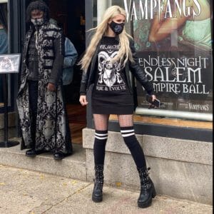 Outside of the Vampfangs Salem Shop - Ram and Rose Oversized Crew - Dark Alchemy